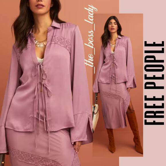 Free People skirt set co-ord top and midi skirt satin matching set boho Small - Picture 1 of 13